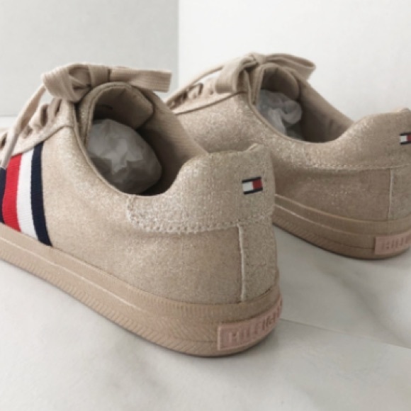 🇺🇸 Tommy Hilfiger Ladies Tan Glitter Sneakers Shoes Pre-owned 8 ** - Picture 7 of 10